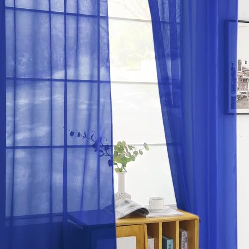 Basic Rod Pocket Sheer Voile Window Curtain Panels Sapphire 1 Pair 2 Panels 52 Width 36 Inch Long for Kitchen Bedroom Children Living Room Yard（Sapphire (Blue Sapphire / 52"W x 36"L (Pack of 2))