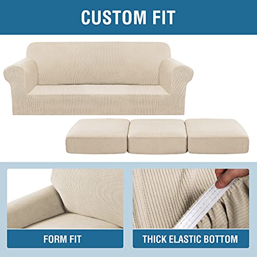 4 Piece Stretch Couch Covers for 3 Cushion Couch Sofa Furniture Slipcovers Feature Upgraded Thicker Jacquard Fabric (Large / Natural)