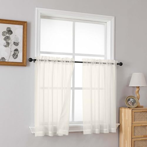 Ivory Small Sheer Curtains Tier 24 Inches Length 2 Pieces (42"W x 24"L (Pack of 2) / Ivory)
