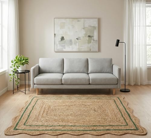 Natural Jute Area Rug Classic Braided Design Soft Textured Durable Easy Clean Low Pile Rug for Living Room Nursery Bedroom Modern Home (Green / 6x9 Feet)
