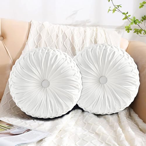 Set of 2 Off White Velvet Decorative Round Pleated Throw Pillows (Off White)