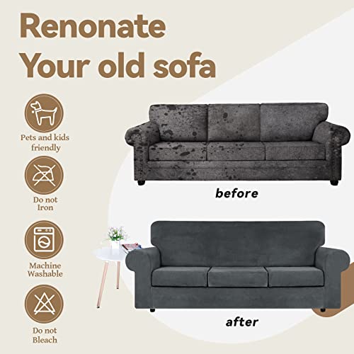 4 Pieces Couch Cover for Sofa Velvet Sofa Covers Washable (Large / Dark Grey)