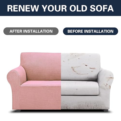 2026 New Stretch Loveseat Sofa Slipcovers Couch Cover for 2 Cushion Furniture Protector Sofa Covers with Elastic Bottom Jacquard Fabric Small Checks for Pets (Dusty Pink / Loveseat)
