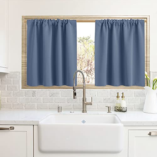 Cafe Blackout Curtains 24 inch Length for RV Camper Kitchen Window (Stone Blue / 42"W x 24"L (Pack of 2))