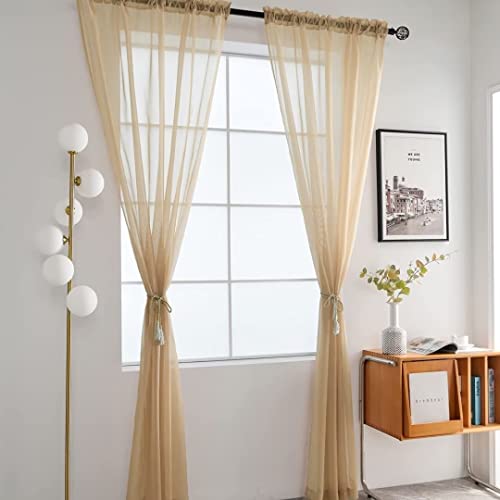 Sheer Voile Window Treatment Rod Pocket Curtain Panels for Kitchen Bedroom Living Room Drapes Sunlight Filtering Privacy Semi Home Decor Assorted (Beige / 52"W x 84"L (Pack of 2))