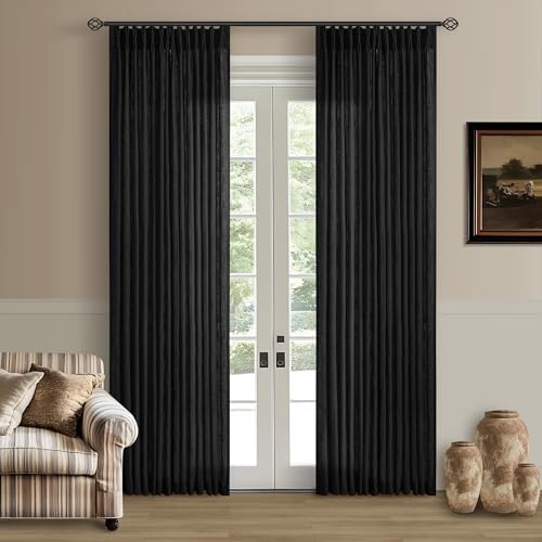 Black Pinch Pleated Linen Semi Sheer 80 Inch Curtains 2 Panels (Black / 40"W x 80"L (Pack of 2))