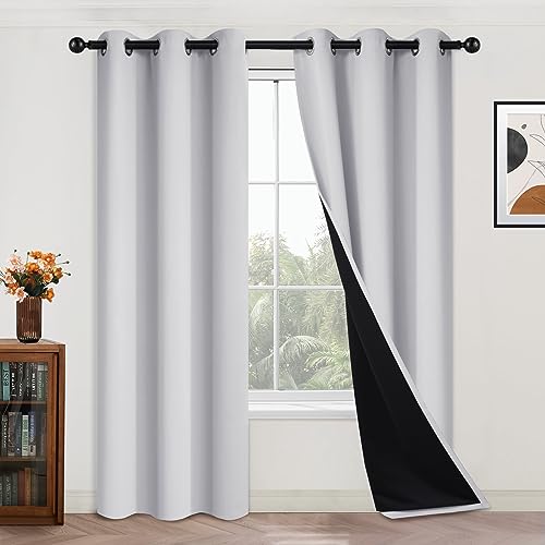 Greyish White 100% Blackout Curtains 84 Inches Long (42"W x 84"L (Pack of 2) / Greyish White)