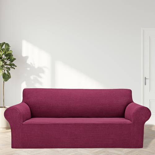 2026 New Stretch Oversized Sofa Slipcovers Couch Sofa Cover for 4 Seater Furniture Protector Covers with Elastic Bottom Jacquard Fabric Small Checks for Pets (Wine / Oversized Sofa)