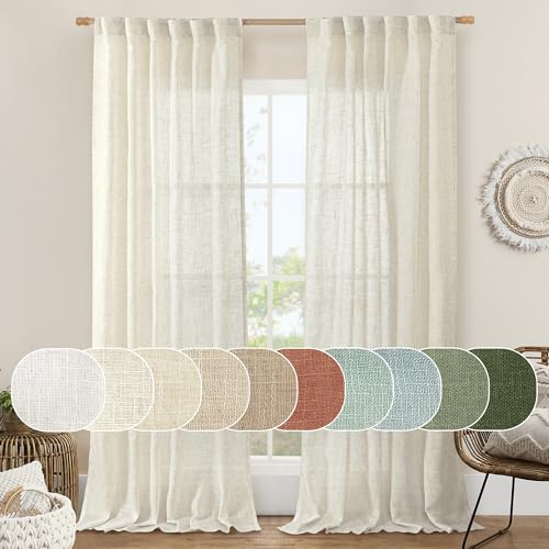 Ivory 90 Inches Long Linen Semi Sheer Curtains for Living Room (Natural / 52"W x 90"L (Pack of 2))