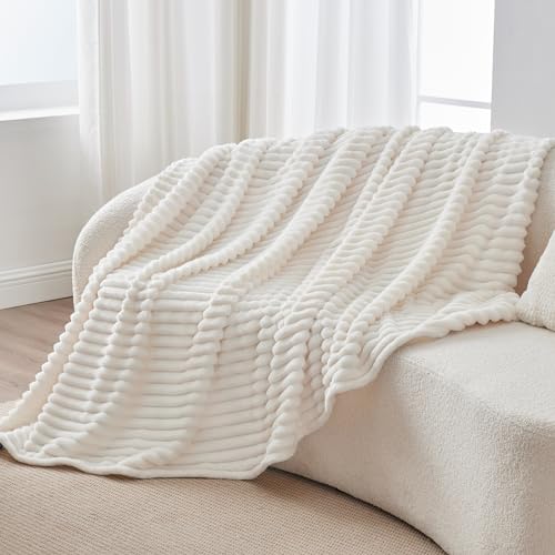 Ribbed Fleece Throw Blanket for Couch (Cream / Throw(50"x60"))