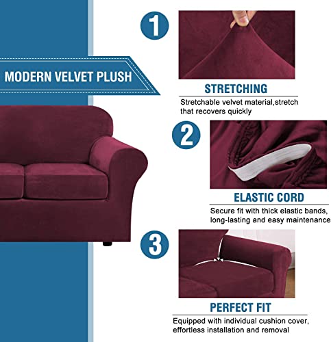 Rich Velvet Stretch 2 Piece Cover Chair Slipcover Sofa Cover Furniture Protector Couch Soft with Elastic Bottom Chair Couch Cover with Arms Width Up to 49 Inch (1 Cushion Chair / Wine/Burgundy)