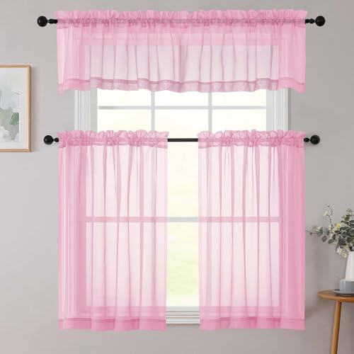 Kitchen Curtains 24 Inch Length Tier 2 Pieces (Pink / 42"W x 24"L (Pack of 2))