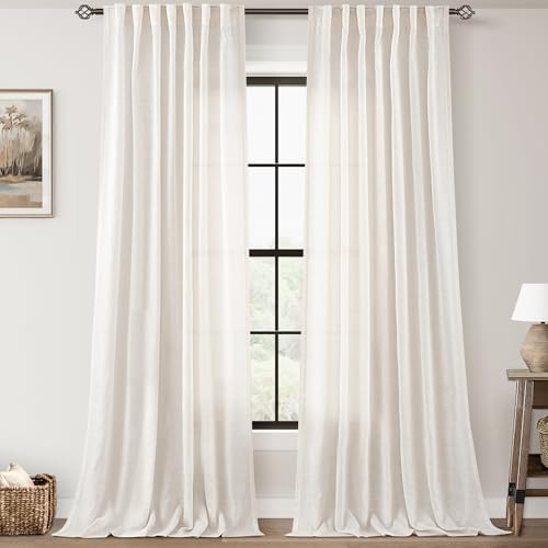 98 inch Long Linen Curtains 2 Panels for Living Room Back Tab Cream Ivory Light Filtering Semi Sheer Curtain 98 inches Long Boho Farmhouse Rustic Linen Drapes Floor to Ceiling Length 8 FT (Natural / 52"W x 98"L (Pack of 2))