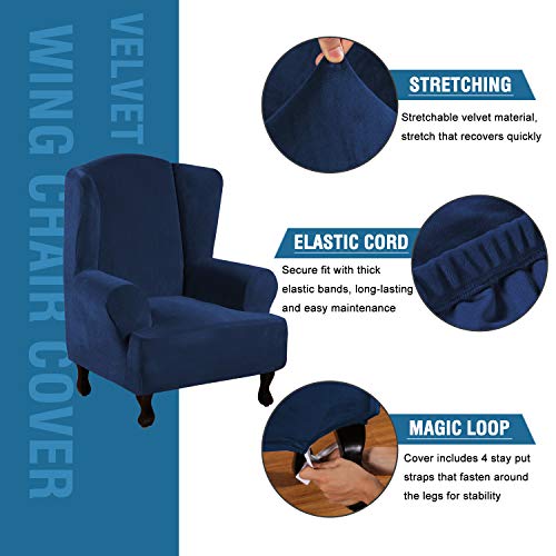 Wingback Chair Covers Velvet Plush Wing Chair Slipcover 1 Piece High Stretch Wing Back Chair Slipcovers Sofa Cover Furniture Cover with Elastic Bottom (Navy / Wing Chair)