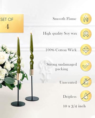 Olive Green Spiral Taper Candles Handmade Twisted Candle Conical Stick Candles for Holiday Wedding Party Wax Unscented Dinner Candle Dripless (Olive-10"-A)