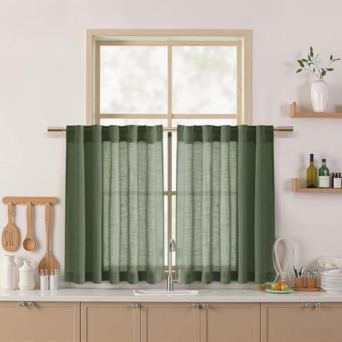 Short Linen Curtains 36 Inch Length for Kitchen Windows Over Sink Olive Green Light Filtering Back Tab and Rod Pocket Neutral Curtains for Cafe Basement 30 x 36 Inch (30"W x 36"L (Pack of 2) / Loden)