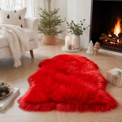 Ultra Soft Faux Fur Rug Fluffy Sheepskin Rug for Bedroom Living Room Sofa Bedside Floor (Red / 2' x 3' (Sheepskin))