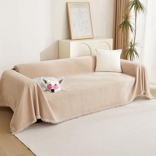 Couch Cover 3 Cushion Sofa with Tassel Chenille Sofa Covers Couch Covers for 3 Cushion Couch Sofa Slipcovers for Sectional l Shaped Couch Dogs Protector Furniture Covers (91" x 150" / Tassels Edge-khaki)
