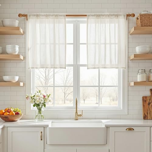 Natural Curtains 30 Inch Long for Cafe (34"W x 30"L (Pack of 2) / Beige White)