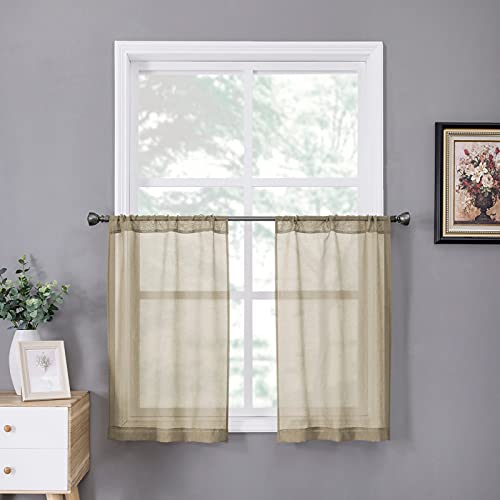 Sheer Tier Curtain Linen Textured Half Kitchen Curtains Sheer Light Filtering Rod Pocket Voile Small Curtains for Bathroom (25"W x 36"L (Pack of 2) / Taos Taupe)