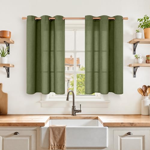 Olive Green Linen Curtains 40 Inch Length for Kitchen Window (Olive / 42"W x 40"L (Pack of 2))