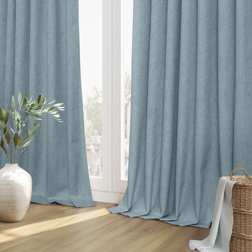 Blue 100% Blackout Linen Curtains 132 Inch Length 2 Panels Set for Living Room Bedroom Back Tab Thermal Insulated Black Out Drapes Room Darkening Farmhouse Window Curtains Dusty Blue 52x132 (Blue / 52"W x 132"L (Pack of 2))