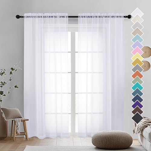 2 Panels Sheer White Curtains 72 Inches Length Window Treatment for Kitchen (White / 42"W x 72"L (Pack of 2))