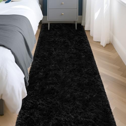 2x8 Bedside Area Rugs for Bedroom Soft Fluffy Shag Black Rug for Hallway Non (Black / 2' x 8' (Runner))
