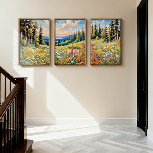 Colorful Woodland Wall Art Large Floral Field Wall Decor 16x24 Inch Set of 3 for Living Room Bedroom Dining Room (24"L x 16"W / Colorful Nature)