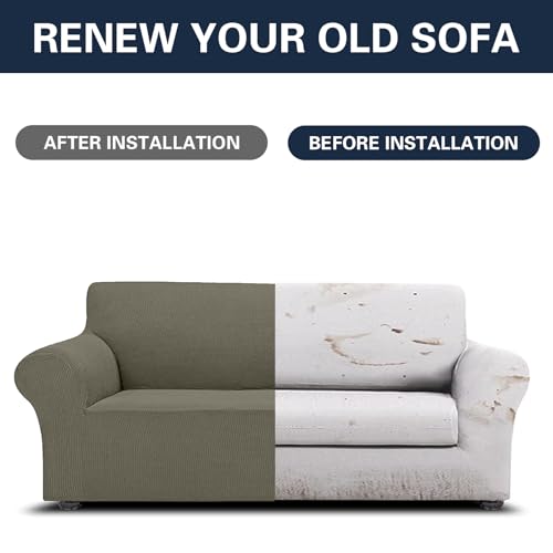 2026 New Stretch Sofa Slipcovers Couch Cover for 3 Cushion Furniture Protector Sofa Covers with Elastic Bottom Jacquard Fabric Small Checks for Pets (Khaki / Sofa)