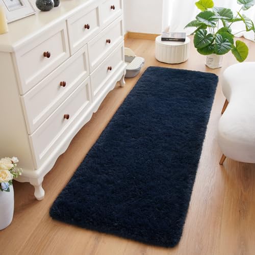 Shag Fluffy Runner Rug for Bedroom Girls Living Room (2' x 6' (Runner) / Navy Blue)