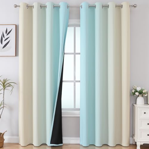 Aqua and Beige Ombre Blackout Bedroom Curtains 108 Inches (Beige and Aqua / 52"W x 108"L (Pack of 2))