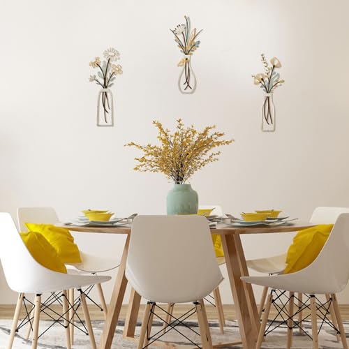 3 Pieces Metal Flowers Wall Art (Beige Gold)