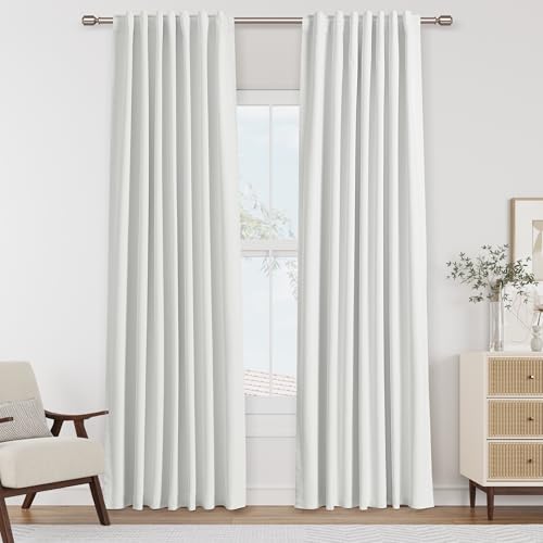 White 100% Blackout Linen Curtains 80 Inch Length 2 Panels Set for Living Room Bedroom Back Tab Thermal Insulated Black Out Linen Drapes 80 Inches Long (White / 52"W x 80"L (Pack of 2))