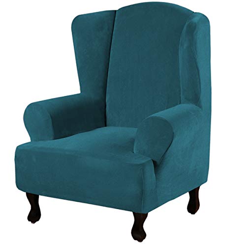 Wingback Chair Covers Velvet Plush Wing Chair Slipcover 1 Piece High Stretch Wing Back Chair Slipcovers Sofa Cover Furniture Cover with Elastic Bottom (Deep Teal / Wing Chair)