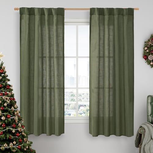 Olive Green Linen Semi Sheer Curtains 63 Inch for Bedroom 2 Panels (Olive Green / 38"W x 63"L (Pack of 2))