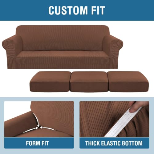 4 Piece Stretch Sofa Covers for 3 Cushion Couch Covers for Living Room Furniture Slipcovers (Large Plus / Caramel)