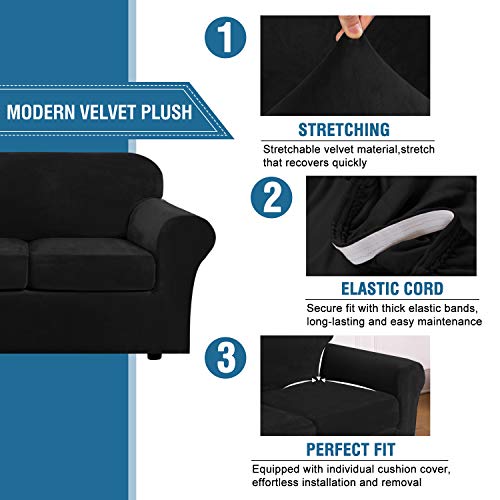 Real Velvet Plush 3 Piece Stretch Sofa Covers Couch Covers for 2 Cushion Couch Sofa Slipcovers Width Up to 90 Inch Feature Thick Soft Stay in Place (2 Cushion Sofa / Jet Black)