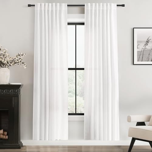 White Linen Curtains 72 inch Long 2 Panel Set for Living Room Back Tab Semi Sheer Light Filtering Bedroom Window Curtain 72 inch Length Cotton Textured Modern Elegant Coastal Drapes 42x72 (White / 42"W x 72"L (Pack of 2))
