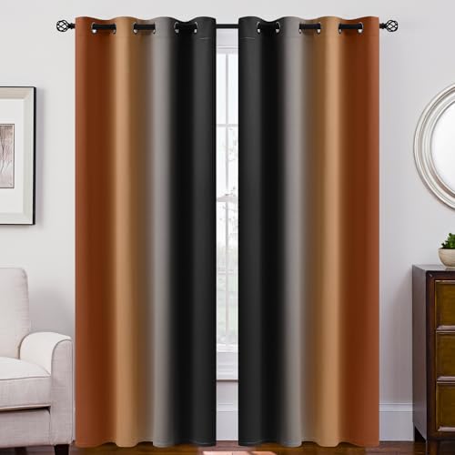Ombre Burnt Orange and Black Room Darkening Curtains 84 inches (52"W x 84"L (Pack of 2) / Burnt Orange and Black)