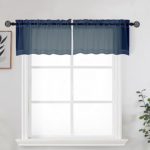 Navy Blue Sheer Kitchen Valance for Windows Set of 2 (Navy Blue / 42"W x 14"L (Pack of 2))