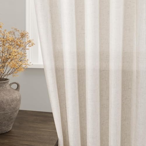 Beige Linen Curtains 90 Inches Long for Living Room Back Tab and Rod Pocket Semi Sheer Privacy Curtains Farmhouse Linen Cotton Textured Curtain for Bedroom 70x90 (70"W x 90"L (Pack of 2) / Linen)