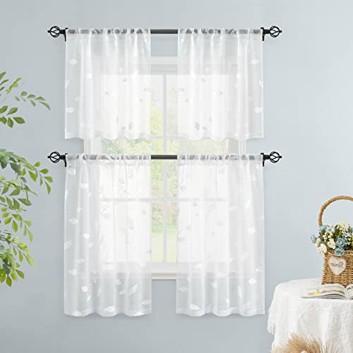 White Kitchen Sheer Tier Curtains Leaf Embroidered (30"W x 24"L (Pack of 2) / 4-white)