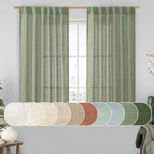 Semi Sheer Linen Curtains 45 Inches Long 2 Panels for Small Window (Sage Green / 52"W x 45"L (Pack of 2))