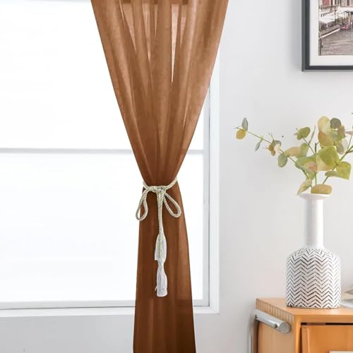 Sheer Voile Window Treatment Rod Pocket Curtain Panels for Kitchen Bedroom Living Room Drapes Sunlight Filtering Privacy Semi Home Decor Assorted (Brown / 52"W x 72"L (Pack of 2))