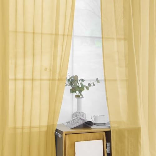 Solid Sheer Rod Pocket Curtain Voile Draperies 2 Panels White Beige Black Grey Ivory 52 Inch Width 45 Inch Long 1 Pair for Kitchen Bedroom Children Living Room Yard (Gold / 52"W x 45"L (Pack of 2))