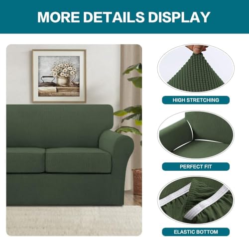 4 Piece Sofa Covers for 3 Cushion Couch Sofa Slipcover Soft Couch Cover for Dogs Washable Furniture Cover with 3 Individual Large Cushion Covers Feature Fabric (L Sofa (3 Cushion) / Bronze Green)