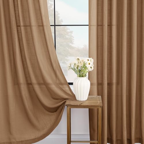 Brown Curtains for Living Room Back Tab Modern Farmhouse Semi Sheer Curtains 144 inches Long 2 Panels Set Muted Neutral Window Curtain for Dining Room Bedroom 52x144 (Brown / 52"W x 144"L (Pack of 2))