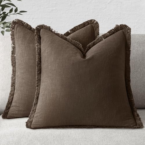 Linen Fringe Decorative Fall Pillow Covers Chocolate Brown 26x26 (26" x 26" (Pack of 2) / Chocolate Brown)