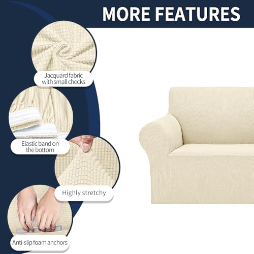 2026 New Stretch Oversized Sofa Slipcovers Couch Sofa Cover for 4 Seater Furniture Protector Covers with Elastic Bottom Jacquard Fabric Small Checks for Pets (Beige / Oversized Sofa)